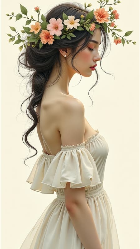 A stunning illustration of a woman, capturing the essence of video montage aesthetics blended with nature-inspired art nouveau. The artwork employs a soft-focus technique that emphasizes its captivating beauty. Minimalist sketches highlight the elegance of curves, while free-flowing brushwork adds a touch of spontaneity. The composition is tall and narrow, drawing the eye downward, and is infused with a sense of wonder and grace.