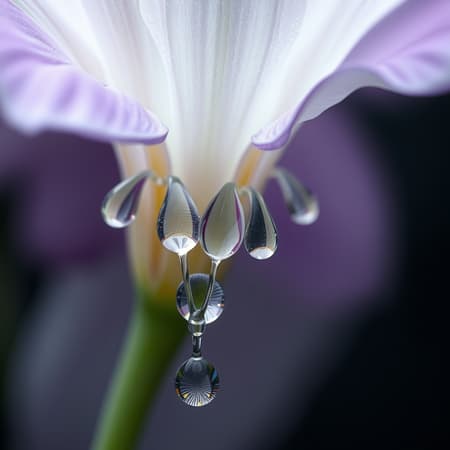 Surrealist imagery of translucent water droplets cascading along a flower's stem, blending seamlessly with its form; in the vein of a Picasso dreamscape, materials melt and intertwine, evoking a sense of fluidity and transformation. The scene is bathed in ethereal light silver and soft purple, with intricate layering that reveals hidden depths and textures, forming a harmonious yet abstract tableau.