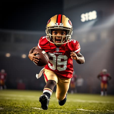 In this captivating scene, a full-body African American toddler footballer is dressed in a red and gold San Francisco 49ers uniform and helmet. The toddler, eyes gleaming with excitement, is captured mid-action, sprinting with determination while clutching a football, joyously scoring a touchdown. The atmosphere is charged with exhilaration and triumph. Dramatic lighting enhances the vibrant colors of the jersey, accentuating the scene's energy. The toddler's dynamic pose and the photo-realistic detail create an immersive experience, reminiscent of a professional shot on a Canon EOS-1D X Mark III camera.