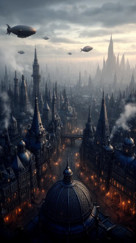 Sprawling Steampunk Cityscape With Airships depicting a sprawling, fantastical cityscape with a steampunk aesthetic. The layout is a wide panoramic view showcasing a dense array of intricately designed buildings with pointed spires, domes, and elaborate architectural details. The structures are predominantly dark with hints of blue and bronze, creating a moody atmosphere. In the sky, several airships float among the clouds, adding to the steampunk theme. The city is bathed in a soft, diffused light, suggesting either dawn or dusk, with a warm glow emanating from windows and streetlights. Smoke rises from chimneys, contributing to the industrial feel. The foreground features a large, ornate dome with intricate patterns, while the background reveals a vast city stretching into the distance, with towering buildings silhouetted against the sky. The overall scene is rich in detail, evoking a sense of wonder and adventure.