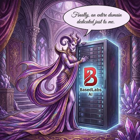 Slaanesh Embraces Ai Server In Opulent Palace Detailed fantasy illustration of the W40K Chaos God Slaanesh affectionately hugging a BasedLabs AI server with a red colored logo, inside her palace and saying "Finally, an entire domain dedicated just to me."