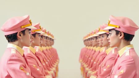 IMG_4321.JPG, wes anderson symmetrical composition, pastel color palette, central framing, quirky characters in matching uniforms IMG_4321.JPG, wes anderson symmetrical composition, pastel color palette, central framing, quirky characters in matching uniforms