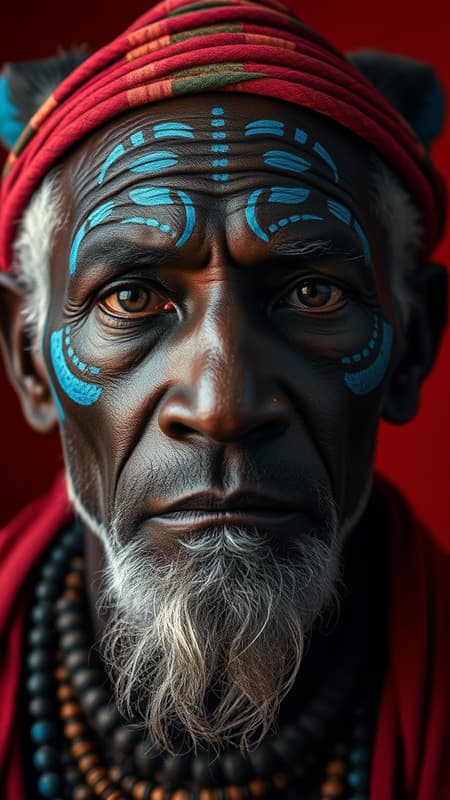 A captivating portrait of an elderly African warrior chief showcasing intricate tribal panther-inspired makeup in striking shades of blue on a deep red background. The chief gazes contemplatively into the distance, his eyes holding a serious and profound expression. The scene is hyper-realistic, illuminated with dramatic cinematic lighting, emphasizing the textures and details of his weathered skin and traditional attire, against an expansive 16:9 aspect ratio backdrop.