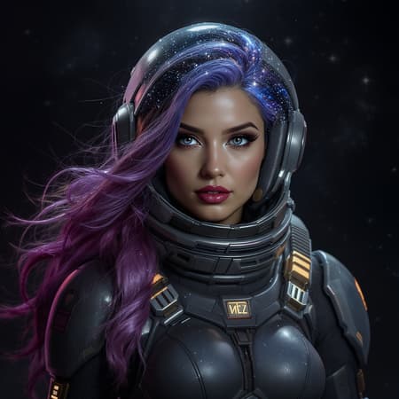 Space Suit Armor, Artwork A woman in a sleek space suit with retro-futuristic armor, portrayed in a character portrait style with high detail official artwork quality; her flowing hair resembles the Milky Way, capturing the essence of space art. The image showcases hyperrealism with dynamic lighting, evoking the feel of a fantastic screenshot. The scene is moodily illuminated, highlighting the intricate textures of her suit as stars and cosmic colors shimmer in her hair, all inspired by unique artistic influences.