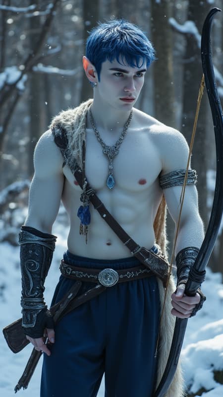 Faerie and Fantasy, The Dreaming. Elf. Moon Elf, pale white elf. Hypermasculine male. Short, stocky, wide shouldered, broad chested, narrow waist, sinewy, well defined. Strong, muscular. Pale white skin the color of snow, dusted in glittery moondust. Short length dark indigo-blue hair, short on sides and spiky on top. {{{SHORT HAIR, INDIGO BLUE HAIR}}}.  Sparkling silver eyes, playful and cheery. Handsome masculine face, strong brow and chin, cleft in chin. Indigo-Blue soul-patch on face. Elf ears. His skin is dusted in silvery glitter. Silver talisman with crystal quartz pendant around his neck. Navy blue sleeveless shirt unbuttoned to navel, revealing his chest. Silver arm bands above his biceps, silver earring in left ear, along with silver ear cuffs. Black leather fingerless gloves, black leather bracers on arms. Black leather belt around waist, silver and sapphire belt buckle. Navy blue rangers pants/tights, form fitting and smooth over powerful legs and bulge in groin. Soft gray boots, knee-high and slouchy/supple bucket boots. He holds a golden magical bow. He has a soft, silvery aura under moonlight, signifying elven magic. Full body pose, he is the archer, the Dream Archer. 