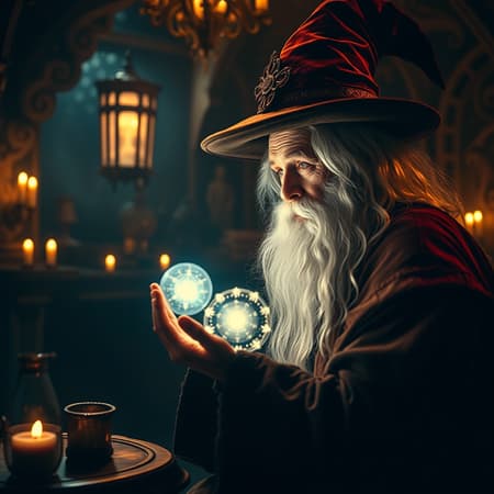 Old Wizard with long white hair and beard, wearing a mystical robe and hat, contemplating a radiant orb in a dimly lit magician's chamber. The room glows with flickering lights, casting intricate shadows and a magical ambiance. The scene is captured in sharp focus with UHD quality and cinematic lighting, highlighting the wizard's wizened features and the orb's ethereal glow. The atmosphere is mystical and ancient, evoking a sense of wonder and mystery. Old Wizard with long white hair and beard, wearing a mystical robe and hat, contemplating a radiant orb in a dimly lit magician's chamber. The room glows with flickering lights, casting intricate shadows and a magical ambiance. The scene is captured in sharp focus with UHD quality and cinematic lighting, highlighting the wizard's wizened features and the orb's ethereal glow. The atmosphere is mystical and ancient, evoking a sense of wonder and mystery.