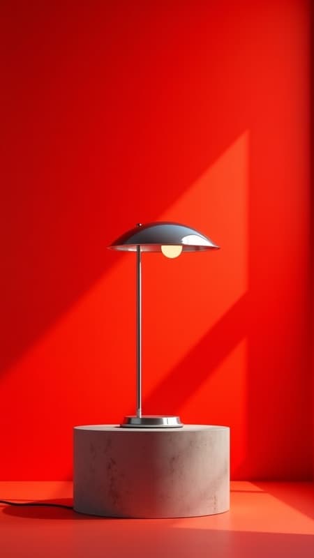 Illustration perspective view retro pop art featuring a Louis Poulsen Panthella 250 table lamp in sleek and reflective chrome, placed on a concrete cylinder podium in a photo studio setting. The scene is enveloped in a deep foggy red background with studio lighting accentuating the contrasts. A square soft box casts realistic golden hour sunlight, creating window frame shadows. The lamp is shown in its optimal shape, rendered photorealistically in highly detailed 8K UHD. The artwork avoids strange shapes, text, typographical elements, plants, cropped objects, small details, and thin lines, maintaining the core concept while offering subtle creative modifications.