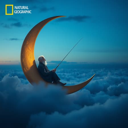 An old man sits serenely on a crescent moon, (fishing among the clouds:1.4). The scene has an evening, tranquil atmosphere. It’s dreamy and whimsical. deep depth of field, photography, Natural geographic photo, Hyper-realistic, 16k resolution, (masterpiece, award winning artwork), many details, extreme detailed, full of details, Wide range of colors, high Dynamic, An old man sits serenely on a crescent moon, (fishing among the clouds:1.4). The scene has an evening, tranquil atmosphere. It’s dreamy and whimsical. deep depth of field, photography, Natural geographic photo, Hyper-realistic, 16k resolution, (masterpiece, award winning artwork), many details, extreme detailed, full of details, Wide range of colors, high Dynamic,