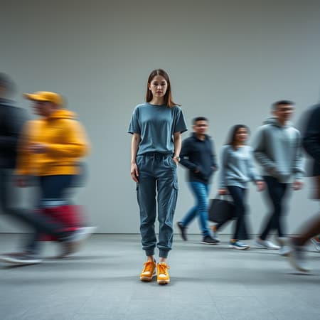 Photography front view artistic image capturing essence of urban hustle single focused female professional model standing still surrounded by blurred motion of people walking past creating sense of movement main model wearing grey loose fit T-shirt denim jogger pants orange skateboard shoes sub models wearing hoodies jogger pants sneakers used camera Sony α9 II Sony FE 100-400mm f/4.5-5.6 GM OSS lens setting open minimalistic space soft indirect lighting neutral color scheme accentuating motion blur main subject sharply in focus contrasting transient figures highlighting theme of stillness amidst chaos background plain wall subtle texture keeping attention on motion effect