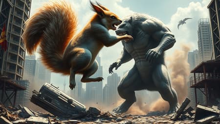 In a post-apocalyptic urban landscape, towering above crumbling skyscrapers and twisted metal, a colossal squirrel with shimmering, bushy tail squares off against a massive, snarling dog. Their eyes blaze with energy as they clash amidst debris and shattered glass, the city's ruins echoing with their roars. The squirrel, with its fur rippling like a superhero's cape, leaps gracefully between the remnants of once-proud buildings, while the dog, all rippling muscles and primal force, charges forward, leaving quakes in its path. Clouds of dust swirl around them as they engage in a fierce battle, casting dramatic shadows over the city's broken streets, reminiscent of epic kaiju showdowns from legends past.