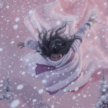 Windswept winter scene, naturally inspired, with captivating grey eyes, featuring hyper-detailed digital art. Trending on ArtStation, this piece showcases cinematic lighting, studio-quality smooth rendering, and Unreal Engine 5 techniques. The figure is in mid-flight, hair cascading in disarray against a breathtaking pink backdrop rendered in Octane. Influences from Klimt, Nixeu, Ian Sprigger, WLOP, and Krenz Cushart blend seamlessly to create a mesmerizing visual.
