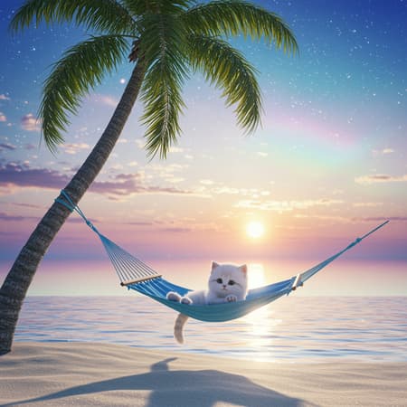 Fluffy White A tiny, fluffy white kitten relaxes on a swaying blue hammock beneath a graceful palm tree, set in an enchanting, otherworldly beachscape. The sun casts a gentle glow over the scene, filtering through semi-transparent waves that dance with iridescent hues, while the skies above are a mesmerizing symphony of rainbow-colored lights, painting an awe-inspiring and tranquil celestial panorama.