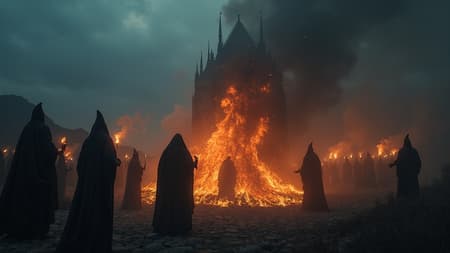 Hyper detailed motion capture of casting an enormous spell with a vast coven, witchcraft, Blocksberg looming in the background, captured on a Hasselblad H6D 400c MS digital camera, Mitakon Speedmaster 300mm f/5.6 lens, dark aesthetic, glowing ember light, intricate details, subtle light pollution, dramatic illumination, epic atmosphere, set amidst a mysterious, mystical landscape.