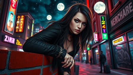 A cyberpunk woman leans on a brick wall in a vibrant cyberpunk city street at night, surrounded by the glow of city lights and a starry sky with a bright moon. The scene is bathed in colorful and detailed lighting, highlighting her dynamic pose and scowl. Her long hair flows freely, contrasting with her detailed symmetrical face. She embodies a punk aesthetic with short hair accents, many rings, reflective eyes, and bold makeup, complete with ear piercings and several bracelets. The dramatic chiaroscuro and rim lighting enhance her presence. Her outfit features long sleeves and muddy boots with black shoelaces, standing against a graffiti-covered wall, capturing the essence of a rebellious alt girl. The portrait evokes the styles of master artists like Waterhouse, John Constable, and Jeremy Mann, drawing inspiration from Studio Ghibli with a majestic impressionism. This high-detail image is trending on ArtStation and CGSociety, offering a dramatic and intricate depiction of a cyberpunk woman in a futuristic city, reminiscent of Makoto Shinkai’s work in Kyoto. A cyberpunk woman leans on a brick wall in a vibrant cyberpunk city street at night, surrounded by the glow of city lights and a starry sky with a bright moon. The scene is bathed in colorful and detailed lighting, highlighting her dynamic pose and scowl. Her long hair flows freely, contrasting with her detailed symmetrical face. She embodies a punk aesthetic with short hair accents, many rings, reflective eyes, and bold makeup, complete with ear piercings and several bracelets. The dramatic chiaroscuro and rim lighting enhance her presence. Her outfit features long sleeves and muddy boots with black shoelaces, standing against a graffiti-covered wall, capturing the essence of a rebellious alt girl. The portrait evokes the styles of master artists like Waterhouse, John Constable, and Jeremy Mann, drawing inspiration from Studio Ghibli with a majestic impressionism. This high-detail image is trending on ArtStation and CGSociety, offering a dramatic and intricate depiction of a cyberpunk woman in a futuristic city, reminiscent of Makoto Shinkai’s work in Kyoto.