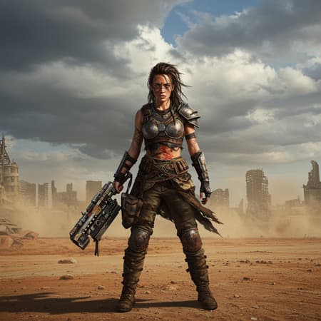 In a desolate wasteland, a fierce warrior woman clad in rugged, tattered armor stands amidst the ruins of a shattered city. Dusty winds whip through her unkempt hair as she grips her improvised weapon, a mixture of scrap metal and ancient technology. The sky looms with ominous clouds, casting a dramatic contrast of shadows and light across the scene. Behind her, remnants of long-abandoned vehicles and skeletal structures tell tales of a forgotten civilization. Her piercing gaze reflects both the struggle for survival and determination to forge a new path in this post-apocalyptic world.