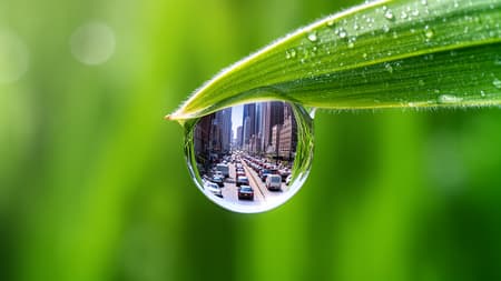 Water Droplet Reflecting Bustling City Street Photorealistic macro shot of a single, perfectly spherical water droplet hanging from the tip of a vibrant green blade of grass. Inside the droplet, a clear, inverted reflection of a bustling city street with tall skyscrapers and a long line of cars is visible. The grass blade has tiny water beads and a slightly fuzzy edge. The background is a soft, out-of-focus bokeh of rich green, creating a natural and fresh atmosphere. Bright, natural lighting highlights the transparency of the water and the intricate details of the reflection.
