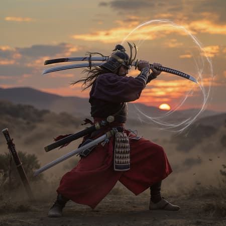 Swordsman with a blade poised over shoulder, kodachi in hand, another sword resting like a laundry pole, gripping a sheath with an arm blade at the ready, embodying the spirit of ensis exorcizans. Adorned with a tsuba and a neatly tied mizura, this samurai assumes a battoujutsu stance. Nearby, a sword cane symbolizes readiness, echoing the intensity of a sunrise stance with a tachi in view. Dressed in vibrant red hakama, the tsuka is held confidently while channeling the essence of the yukianesa. A seven-branched sword twirls expertly as a kouhaku nawa binds the scene, against a vibrant and dynamic backdrop. The portrayal remains vivid and imaginary, avoiding the pitfalls of disfiguration or poor craftsmanship, ensuring clarity, focus, and authenticity in representation.