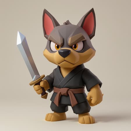Character Design Holding Art A low-poly 3D character design of Paco the Dog holding a gleaming short sword, featuring polygonal modeling and wearing a sleek black gi with a rustic brown belt. The scene is set against a soothing cream backdrop, highlighting Paco's fierce yet playful facial expression. The lighting is crisp, casting gentle shadows to enhance the toy-like charm, resulting in a polished, game-ready asset render. Vibrant eyes and exaggerated cartoon paws add a whimsical touch to this unique character design.