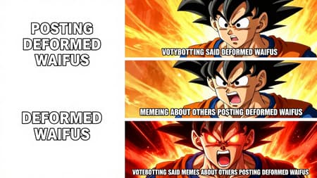 Goku Meme Progression With Deformed Waifus Text A four-panel meme, split vertically. The left side features white text with black outlines on a plain white background. The right side shows four sequential anime-style close-ups of Goku from Dragon Ball.
Panel 1 (top): Goku with a surprised expression, mouth slightly open, eyes wide. Text: "POSTING DEFORMED WAIFUS".
Panel 2: Goku with an angry, determined expression, mouth open in a shout. Text: "VOTEBOTTING SAID DEFORMED WAIFUS".
Panel 3: Goku with a more enraged expression, mouth wide open, shouting. Text: "MEMEING ABOUT OTHERS POSTING DEFORMED WAIFUS".
Panel 4 (bottom): Goku fully enraged, eyes glowing bright red with lens flares, mouth wide open screaming, surrounded by a strong red and orange glow. Text: "VOTEBOTTING SAID MEMES ABOUT OTHERS POSTING DEFORMED WAIFUS".
Art style: Anime, Dragon Ball Super aesthetic.
Lighting and mood: Progressively intense, from bright and surprised to dark, fiery, and extremely angry.
Colors: Vibrant anime colors, dominant orange and blue on Goku's outfit, warm orange/yellow background light becoming intensely red in the final panel.