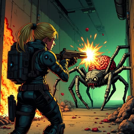 Comic book art style, a strong female character with a ponytail in futuristic armor, wielding a shotgun, firing a massive blast at a mechanical spider-like creature with an exposed brain, causing an explosive impact with blood and debris flying. The scene is set in a dark, rusty, industrial sci-fi corridor with glowing molten lava on the left and glowing green toxic waste on the right. Bright muzzle flash and smoke from the shotgun. Dynamic angle, intense action.