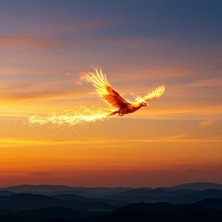 A fiery bird soars through the sunset sky, its wings casting a radiant glow as they streak across the horizon, leaving a trail of shimmering sparks in its wake.