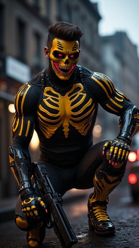 Super-hero, vigilante anti-hero, spooky. cinematic composition, urban noir atmosphere. Athletic Caucasian male, muscular husky build, 5'10", wearing a formfit spandex tactical stealth suit in matte black nano-fabric. Ornate yellow-gold skeleton graphic design overlay across limbs, anatomically accurate bone patterns with glow-in-the dark. Yellow-gold combat boots rising to knees with aggressive V-cutout, deep crimson titanium toe caps. Armored gauntlets in metallic yellow-gold reaching elbows, featuring crimson finger-tips with retractable diamond-tipped claws. Custom electroshock weapon system generating vivid red lightning effects, 32k resolution electricity details.

Chest armor features intimidating demon-face design: yellow-gold base with cut-out revealing matte black underlayer forming ribs, centered by menacing grin with sharp blood-red metal teeth. Upper chest includes glowing crimson LED eye shapes, shoulders sculpted into sharp horn-like points. Tactical neck guard in stealth black nanoweave, flowing into yellow-gold face mask with aggressive V-shape design. Mask features geometric black jaw section and prominent crimson V-shaped visor with internal illumination, creating threatening eyes effect. Modern  short fade hairstyle with dark brown top length styled sideswept. 

Dynamic pose showing figure perched on gothic architecture, photographed from dramatic low angle. Moody nighttime urban setting with neon accent lighting, volumetric fog effects. Ray-traced reflections on metallic elements, cinematic color grading emphasizing deep shadows and selective highlights. Photorealistic materials and textures, 8k resolution, octane render, ultra-detailed, studio lighting with practical effects.