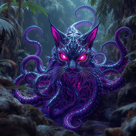 ferrofluid creature blending feline agility with velociraptor intensity sinister presence nestled within dense jungle tentacles spiraling gracefully alien eyes piercing with intelligence detailed iridescent sheen shimmering like polished metal translucent surfaces accentuating form dynamic dramatic lighting capturing hyper futuristic aura digital art capturing essence