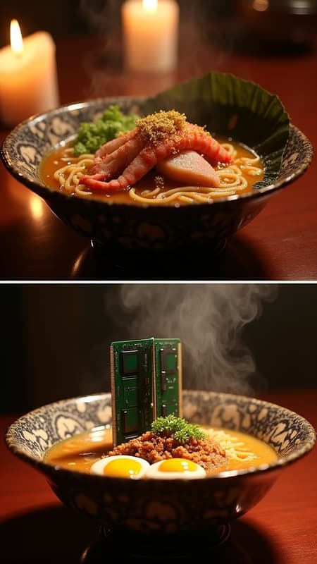A diptych image contrasting two styles of "Gourmet Ramen." The top panel (THEN) features a close-up, photorealistic shot of a luxurious ramen bowl with lobster, wagyu beef, black truffle, and caviar, garnished with gold leaf. Warm, intimate lighting from candles creates a high-end dining mood. The bottom panel (NOW) features a close-up, photorealistic shot of a ramen bowl with two soft-boiled eggs, asparagus, and three RAM sticks (labeled "64GB DDR5") standing upright in the noodles. Steam rises gently, and similar warm candlelit lighting creates a humorous, contemporary feel. Both bowls are ornate, traditional Japanese ceramics.