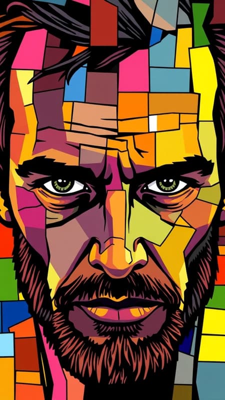 Illustration of a man's face with a captivating gaze, created in a mosaic style reminiscent of Mondrian, featuring an array of vibrant, random colors interspersed across the image, emphasized by bold black outlines. The composition forms an intricate pattern, resulting in a dynamic and striking masterpiece, capturing both the complexity and simplicity of human expression.