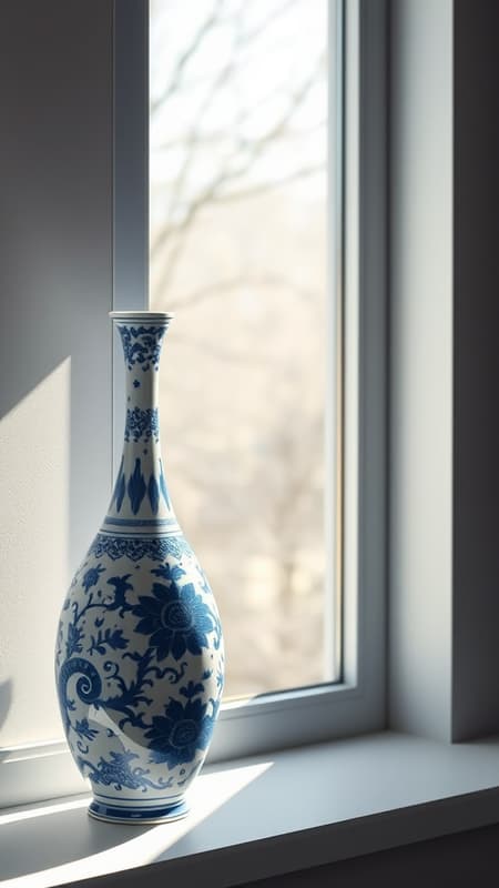 A meticulously detailed 3D render of a long-necked Chinese blue and white porcelain vase, set elegantly on a sunlit window sill. The light reflects with studio-like precision, casting soft shadows and highlighting the intricate patterns adorning the vase. Inspired by precisionism and the works of Christian Hilfgott Brand, the scene is captured with a cinematic quality reminiscent of provia film, emphasizing the rich contrast and color depth. The composition is harmonious and serene, set against a minimalist background that enhances the vase's grace and elegance, with an aspect ratio of 16:9.