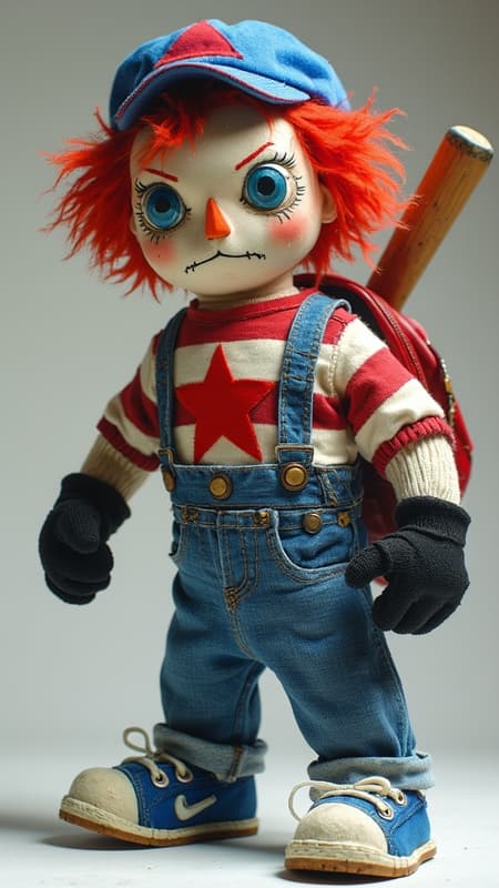 Angry, psychotic RAG DOLL. Raggedy Andy on steroids. Doll made of cloth. Tall, strong, athletic. Bright red yarn hair, bright blue baseball cap turned backwards. Canvas material skin, orange triangle nose. Bright blue almost human glass eyes. Angry permanent frown. T-shirt with red and white horizontal stripes, a red cutout star on the front of the shirt. Blue denim jeans, fingerless black leather gloves. Blue and white canvas sneakers. He carries a wooden baseball bat, always ready to smash something. He also carries a school backpack on his back. full body pose. 