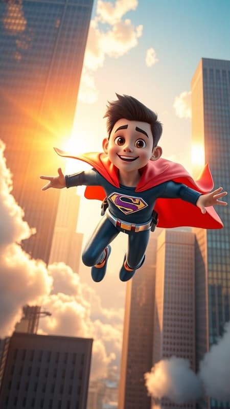 A vibrant and dynamic 3D image featuring a Pixar-style superhero soaring through a sunlit sky, wearing a meticulously detailed full costume with a flowing cape, set against a backdrop of towering city skyscrapers that reflect the colorful morning light. The character embodies a sense of optimism and strength, with expressive eyes and an engaging smile, surrounded by soft, fluffy clouds and a warm, golden sunbeam that accentuates the scene’s cinematic quality.