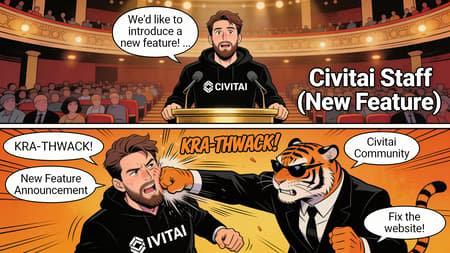 Comic book style meme, two panels. Top panel: A man with brown hair and beard, wearing a black hoodie with "CIVITAI" logo, stands at a gold podium with microphones, addressing a seated audience in a theater. He has a hopeful expression. A speech bubble says "We'd like to introduce a new feature! ..." Text overlay: "Civitai Staff (New Feature)". Bottom panel: The same man is getting slapped hard on the face by a tiger in a black suit and sunglasses. The man is recoiling in pain. The tiger has a stern expression. Motion lines indicate impact. Text overlay: "KRA-THWACK!", "Civitai Community", "New Feature Announcement", "Fix the website!". Bold outlines, vibrant comic colors, dramatic lighting, clear speech bubbles.