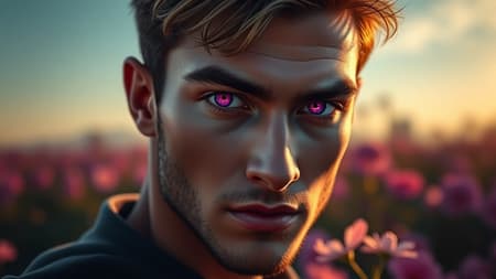 piercing purple eyes, intricately detailed, stunning, cinematic lighting, daytime, dynamic shadows, minimal background, depth of field, digital art, casual attire, flowers, vivid, exceptional quality, profile view, sharp focus, digital rendering, modern, mature, masculine, confident.
