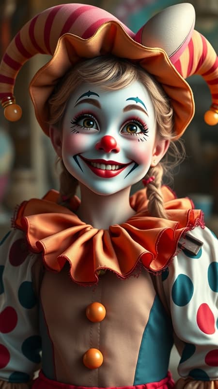 Clown girl with a harlequin costume, exuding happiness and a bright smile, rendered in a cute and whimsical style reminiscent of the venetian carnival, depicted in full body with high resolution and hyper-realistic detail, inspired by the beautiful painting techniques of Daniel F Gerhartz, featuring vibrant colors and a playful atmosphere.