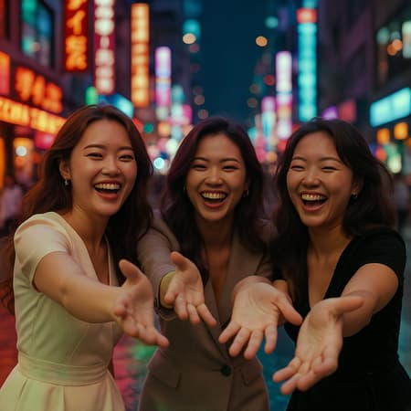 Cinematic Image Cinematic image of three elegant women on a bustling city street, their hands playfully reaching out towards the camera, vibrant city lights casting a kaleidoscope of colors around them, their laughter echoing in the night air as they share a moment of unguarded joy amidst the urban landscape.