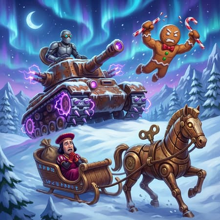 A dynamic fantasy digital painting of a chase scene in a snowy winter wonderland under a vibrant aurora borealis. A masked hero in a grey suit and goggles drives a rusty, spiked steampunk tank, emitting purple lightning. A muscular gingerbread man with a red bow tie and angry expression flies through the air, holding two candy canes. Farquaad sits in a wooden sleigh, pulled by a clockwork horse with a key on its back, looking terrified. The ground is covered in snow, with pine trees and mountains in the background. The mood is adventurous and slightly chaotic. The colors are rich and saturated, with cool blues and purples dominating the sky and warm browns and reds on the characters and vehicles. Intricate details like runes on the sleigh and gears on the tank are visible.