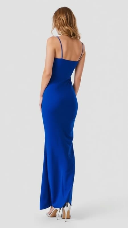 A woman wearing a fitted cobalt blue dress with thin spaghetti straps. The dress is long and drapes elegantly down to her ankles, with a slightly flared hem. The woman has wavy, light brown hair and back stands in a neutral pose. She wears metallic strappy heels. The background is simple and white, highlighting the deep blue color of the dress. A woman wearing a fitted cobalt blue dress with thin spaghetti straps. The dress is long and drapes elegantly down to her ankles, with a slightly flared hem. The woman has wavy, light brown hair and back stands in a neutral pose. She wears metallic strappy heels. The background is simple and white, highlighting the deep blue color of the dress.