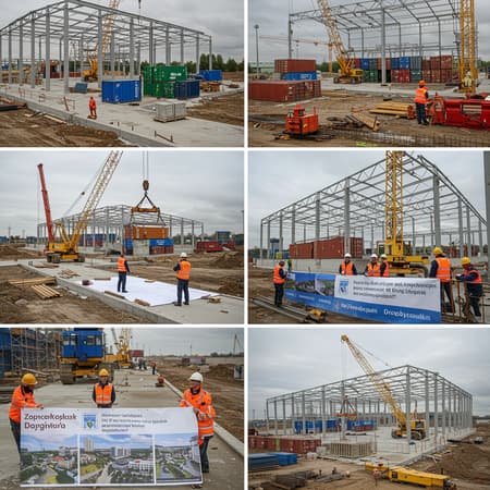 Detailed Photographs Capturing Art Detailed photographs capturing the bustling construction site of the dry port in Drogobich, showcasing cranes lifting heavy containers, workers in safety gear coordinating logistics, and engineers reviewing blueprints amidst a backdrop of partially constructed warehouses and transportation infrastructure, with small creative elements like vibrant banners displaying future project benefits and a mix of traditional and modern construction techniques being highlighted.