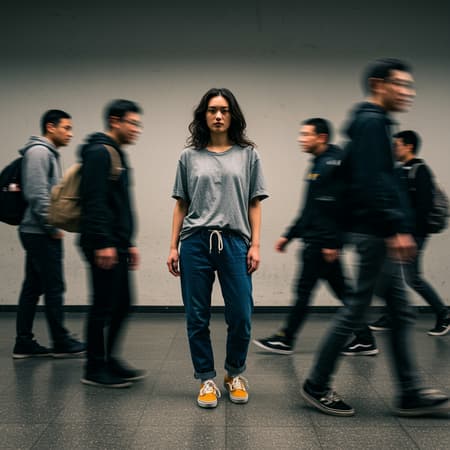 Photography front view a dynamic image encapsulating urban hustle with one focused female professional model standing motionless amidst a blur of people walking past creating a movement effect main model dressed in a grey loose fit T-shirt denim jogger pants and yellow skateboard shoes sub models in relaxed fit hoodies jogger pants and sneakers shot with Sony α9 II and Sony FE 100-400mm f/4.5-5.6 GM OSS lens setting in an open minimalistic space featuring soft indirect lighting and a neutral palette emphasizing the motion blur the main subject is crisply in focus contrasting with transient figures underscoring the theme of stillness in chaos background offers a plain wall with subtle texture enhancing the motion effect with small creative twists while retaining the core concept