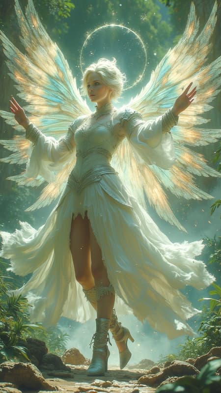 Cosmic, universal. The light of Heaven is with her, no shadow dares approach her. Faery Queen and Archangel in one. Sylph, fairy. Regal, royal, elegant. Beautiful young face, shining chartreuse green eyes with long blond lashes. Short white-gold hair, side swept on one side forming a beautiful braid in the back of her head, side swept bangs fall over her eyes. Over her head is a halo made of stars, with the center star being the brightest. Elvish ears. Delicate model face with glossy pink lips. A white lace collar with a diamond at the center around her neck. She wears a white pearlescent royal long sleeved tiered gown, embedded with crystals, a silver belt with diamonds around her waist. The tiered bottom half of her dress is shorter on the sides, revealing long lovely legs. On her back is an enormous, over-sized pair of dragonfly wings, translucent and iridescent with all the colors of the rainbow/spectrum. She wears a pair of silver high heels with silver gladiator straps. She leaves a cloud of glitter wherever she flies. She shines with a silver light/aura, she radiates light and power. Full body pose, opening a portal to Heaven and entering the light... Cosmic, universal. The light of Heaven is with her, no shadow dares approach her. Faery Queen and Archangel in one. Sylph, fairy. Regal, royal, elegant. Beautiful young face, shining chartreuse green eyes with long blond lashes. Short white-gold hair, side swept on one side forming a beautiful braid in the back of her head, side swept bangs fall over her eyes. Over her head is a halo made of stars, with the center star being the brightest. Elvish ears. Delicate model face with glossy pink lips. A white lace collar with a diamond at the center around her neck. She wears a white pearlescent royal long sleeved tiered gown, embedded with crystals, a silver belt with diamonds around her waist. The tiered bottom half of her dress is shorter on the sides, revealing long lovely legs. On her back is an enormous, over-sized pair of dragonfly wings, translucent and iridescent with all the colors of the rainbow/spectrum. She wears a pair of silver high heels with silver gladiator straps. She leaves a cloud of glitter wherever she flies. She shines with a silver light/aura, she radiates light and power. Full body pose, opening a portal to Heaven and entering the light...