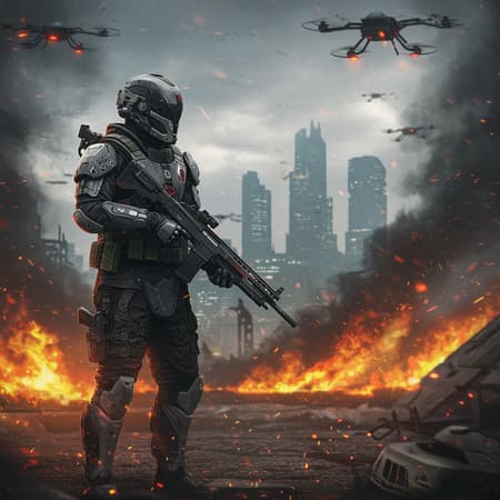 A hyper-detailed digital painting showcasing a sci-fi futuristic soldier clad in advanced, sleek armor, equipped with cutting-edge weaponry and a sophisticated visor, set against a chaotic battlefield. The scene is alive with dynamic lighting, highlighting the soldier’s formidable presence amid a backdrop of swirling drones and smoldering ruins. In the distance, the silhouette of a sprawling futuristic city adds depth to the scene, contrasting the chaos with its hauntingly serene skyline. The atmosphere is charged, with wisps of smoke and embers dancing around the stoic figure, capturing a moment of tense anticipation in a war-torn world on the cusp of an uncertain future.