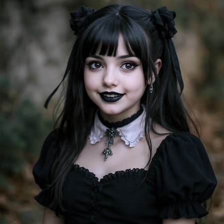 Gothic girl, charming and expressive, dressed in elegant Gothic fashion, showcasing vivid facial expressions, captured with a natural, raw aesthetic using a Sony a7III, aspect ratio 35:64.