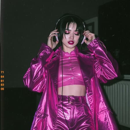 A girl in a shimmering pink shirt and jacket is immersed in music, her attire resembling liquid metal with a deconstructed tailoring approach. The scene captures the essence of webcam photography infused with duckcore elements, featuring bold curves and a chinapunk aesthetic. The composition is reminiscent of Ferrania P30 film, with a raw and edgy style, against an aspect ratio of 65:87.