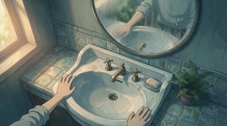 Anime Style Illustration, Overhead Shot Anime style illustration, overhead shot of a bathroom sink with hands resting on the edges. The mirror above the sink is covered in realistic water droplets, reflecting an arm and a faint green background. Warm, soft lighting streams from a window on the left, casting subtle shadows and highlights on the white tiles and porcelain sink. The overall atmosphere is serene and slightly melancholy. Muted, desaturated blues and greens for the tiles, with warm highlights from the window. Highly detailed water droplets and reflections.