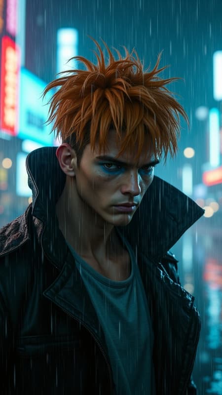 a cinematic sci-fi tableau inspired by a classic rain-soaked monologue scene, featuring a close-up shot of a weary, Recoome from Dragon Ball Z center frame under a relentless downpour, rain cascading off his face and shoulders as neon city lights blur behind him; he has a scouter over his left eye, his shaggy orange flat top hair is wet and matted; foreground focus on his solemn, reflective expression and rigid yet gentle posture as he looks down; midground filled with heavy rainfall, steam rising from wet pavement, and faint holographic signage flickering in the mist; background suggests a dystopian мегacity skyline at night, glowing billboards and flying traffic reduced to soft bokeh through the rain; dramatic high-contrast lighting with cold blue shadows and warm amber highlights cutting across his face, strong rim light outlining his silhouette, evoking early-1980s neo-noir sci-fi cinematography with visible film grain and analog texture; his eyes glisten with genuine sorrow as if contemplating the absurdity of memory and impermanence; a small subtitle at the bottom reads: “I’ve seen things you people wouldn’t believe… E-girls making 10k a month on Onlyfans… Skibidi Toilets burning off the shoulder of Orion… All those moments will be lost in time, like my deleted search history.”; the overall tone is operatic, melancholic, and philosophically sincere—tragically undercut by profoundly stupid subject matter
