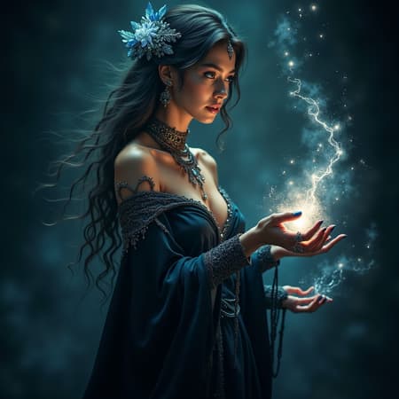 In a mystical dark fantasy world, a stunning and graceful female wizard stands ready, casting a captivating spell as elemental energies elegantly revolve around her. She dons an exquisite off-shoulder ensemble, adorned with intricate patterns and delicate rings, accentuating the fine textures of her attire. Her luminous, fair skin shimmers under a soft, otherworldly glow, highlighting her bewitching blue eyes and radiant smile. Elements of fire, water, wind, and ice come alive in a harmonious dance, creating a breathtaking composition in extraordinary, ultra high-resolution detail.