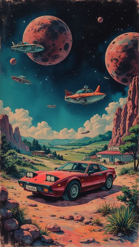 a sci fi image,retro scifi,50th style a diner on a asteroid,flying cars ,dynamic lights,in space,very colourful,4k,intricate details