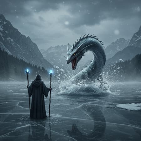 A hyper-realistic image captures a moody atmosphere, featuring a mysterious robed wizard standing on a frozen lake. The wizard, with a round hood and a staff reminiscent of Raistlin Majere's, exudes powerful magical energy. In an epic scene, a majestic water dragon breaks through the icy surface, sending shards flying in all directions. The environment, enveloped in a muted color palette, showcases misty mountains and a brooding sky, emanating a blend of somberness and intense magic. The image subtly alters reality, adding unique creative elements to enhance the dramatic moment while maintaining its core essence.