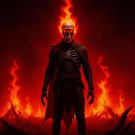A high-quality 3D portrait rendering of a ghoul guarding the gates of Hell, with a burning hellish skull and piercing, glowing red eyes. Its slender, tall body features a highly detailed skeleton draped in tattered rags, standing amid intensely vivid flames and fire in the background. This scene embodies a dark fantasy horror theme with dramatic and cinematic red lighting, evoking a sense of otherworldly dread. The atmosphere is enhanced by a soft-focus effect, capturing the ghoul in an ethereal, surreal manner—imagine a towering, skeletal sentinel, devoid of horns, displaying a menacing presence as it looms before the fiery depths, the epitome of unearthly watchfulness.